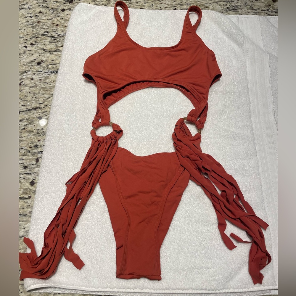 Rust Red Cutout Swimsuit With Fringe